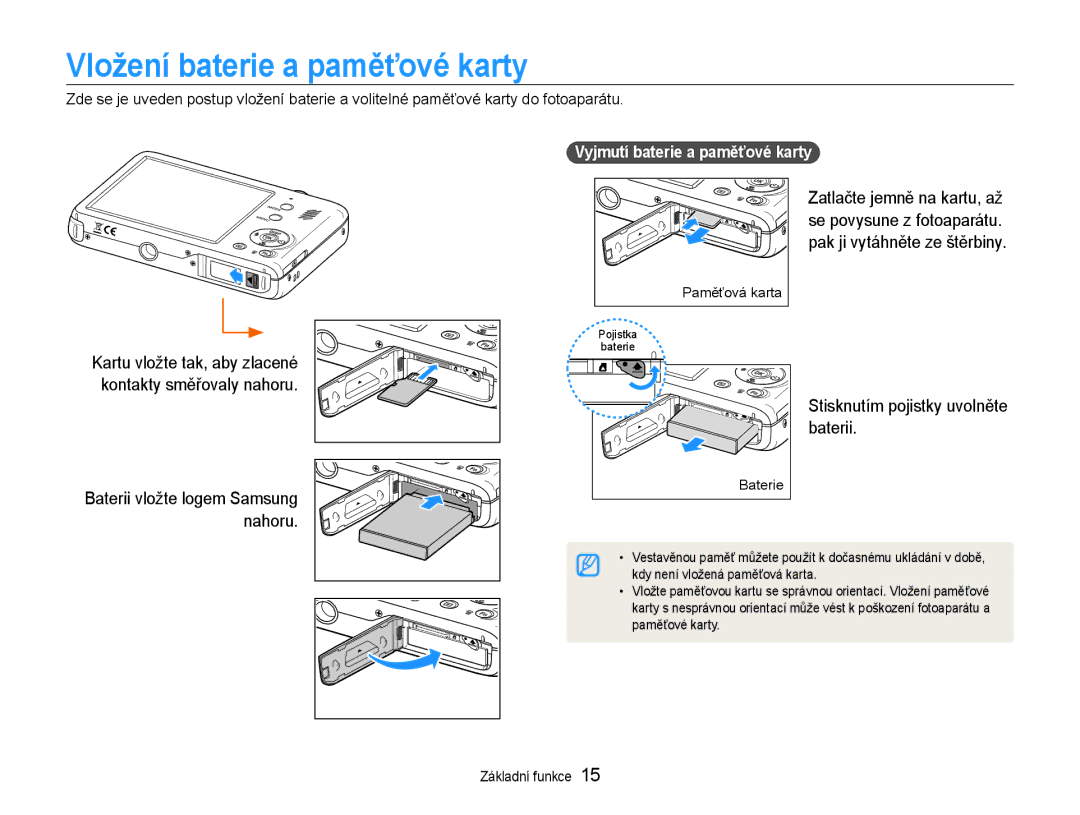 Samsung EC-PL210ZBPBE3, EC-PL210ZBPSE3 manual Vložení baterie a paměťové karty, Stisknutím pojistky uvolněte baterii 