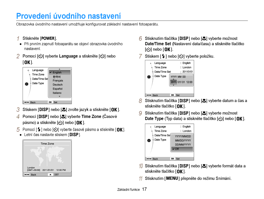 Samsung EC-PL210ZBPBE3, EC-PL210ZBPSE3 manual Provedení úvodního nastavení 