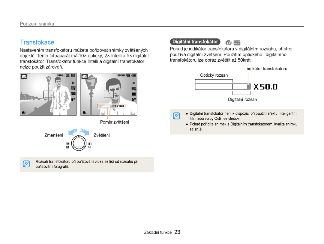 Samsung EC-PL210ZBPBE3, EC-PL210ZBPSE3 manual Transfokace, Zmenšení Zvětšení, Digitální transfokátor 