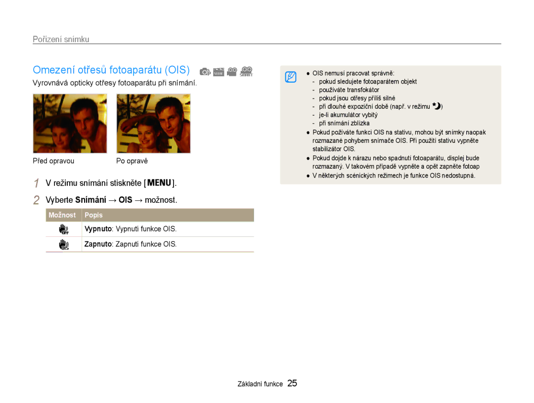 Samsung EC-PL210ZBPBE3 manual Omezení otřesů fotoaparátu OIS, Vypnuto Vypnutí funkce OIS Zapnuto Zapnutí funkce OIS 