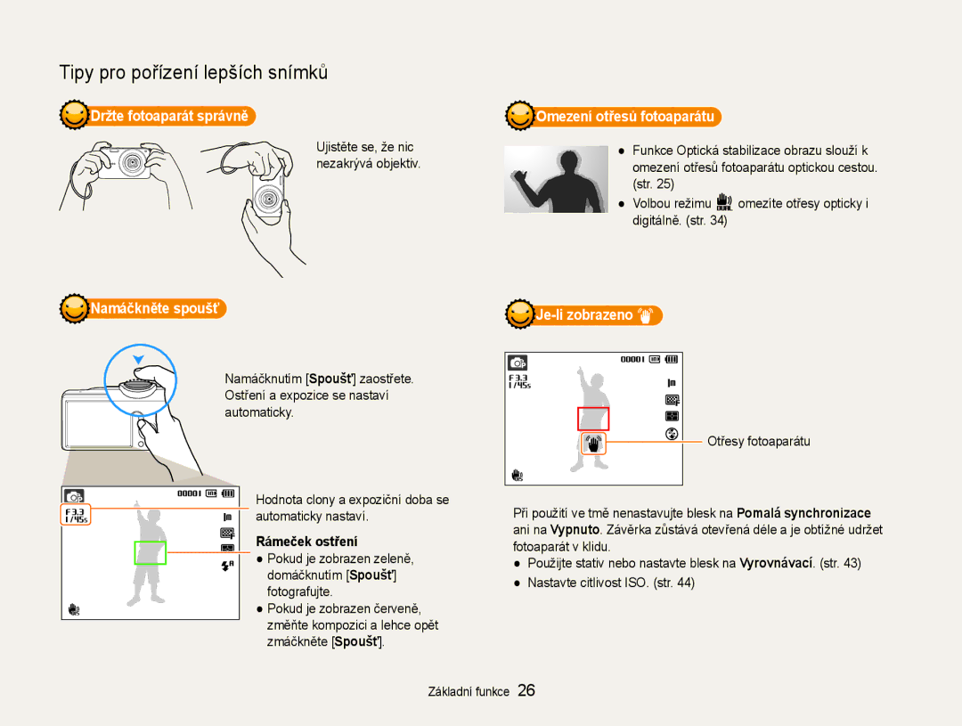 Samsung EC-PL210ZBPSE3 manual Držte fotoaparát správně, Omezení otřesů fotoaparátu, Namáčkněte spoušť, Rámeček ostření 