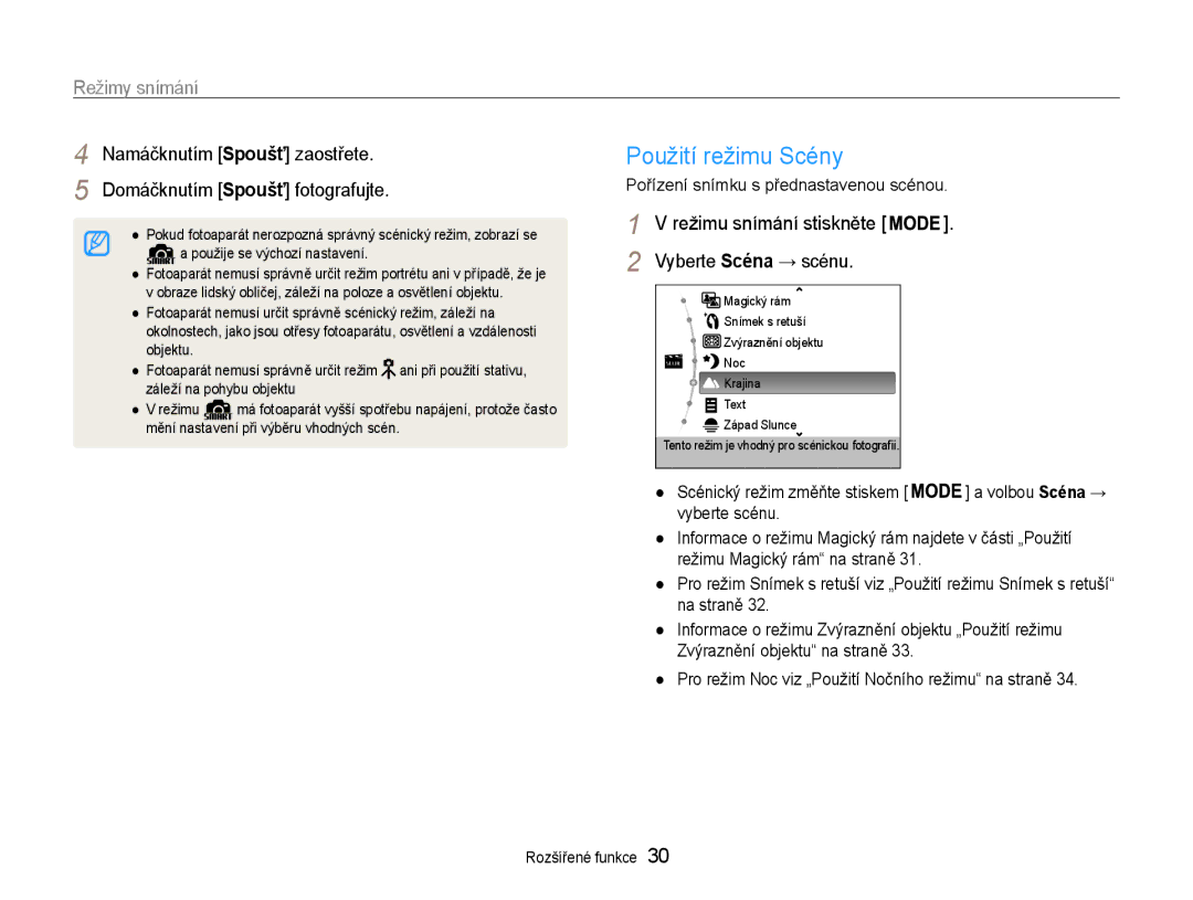 Samsung EC-PL210ZBPSE3, EC-PL210ZBPBE3 manual Použití režimu Scény, Režimu snímání stiskněte Vyberte Scéna → scénu 