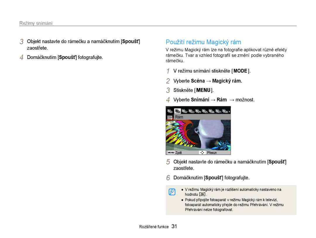 Samsung EC-PL210ZBPBE3, EC-PL210ZBPSE3 manual Použití režimu Magický rám, Vyberte Scéna → Magický rám 