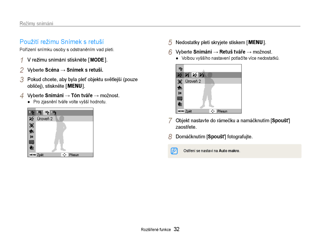 Samsung EC-PL210ZBPSE3, EC-PL210ZBPBE3 manual Použití režimu Snímek s retuší, Vyberte Snímání → Tón tváře → možnost 