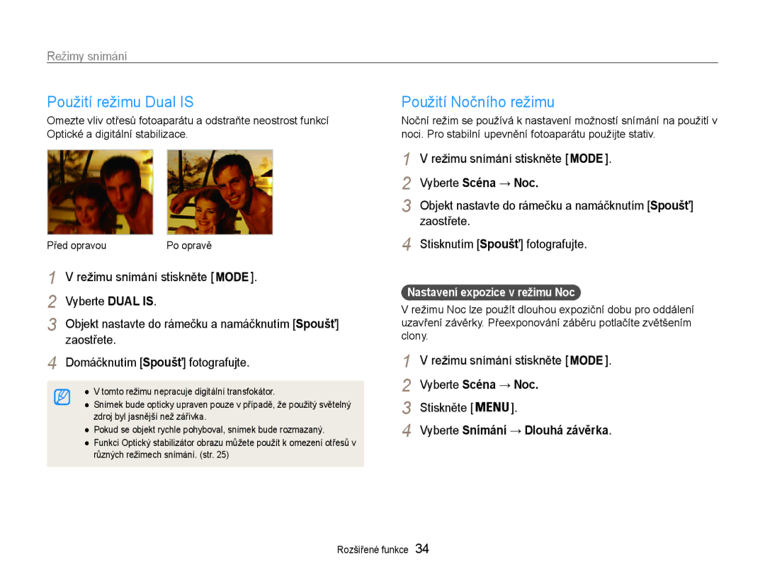 Samsung EC-PL210ZBPSE3, EC-PL210ZBPBE3 manual Použití režimu Dual is, Zaostřete Režimu snímání stiskněte Vyberte Scéna → Noc 