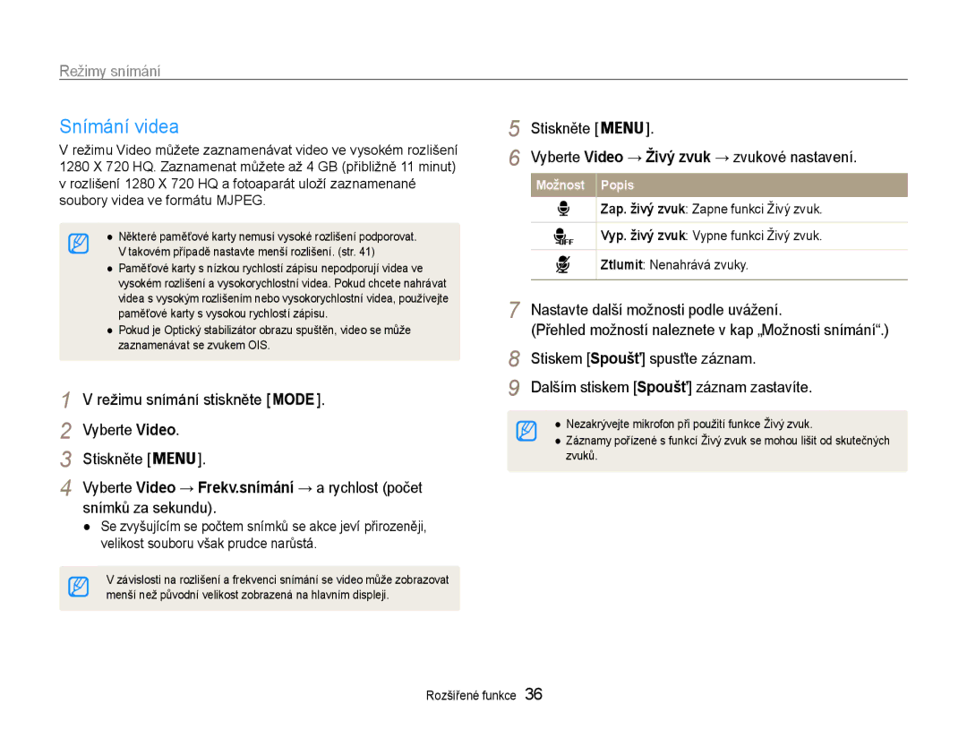 Samsung EC-PL210ZBPSE3, EC-PL210ZBPBE3 manual Snímání videa, Snímků za sekundu, Vyberte Video 