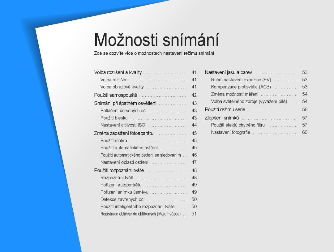 Samsung EC-PL210ZBPSE3, EC-PL210ZBPBE3 manual Možnosti snímání, Zde se dozvíte více o možnostech nastavení režimu snímání 