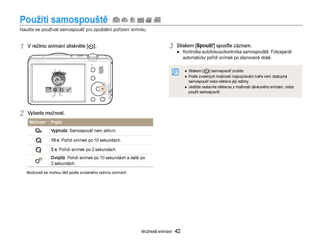 Samsung EC-PL210ZBPSE3, EC-PL210ZBPBE3 Použití samospouště, Naučte se používat samospoušť pro zpoždění pořízení snímku 