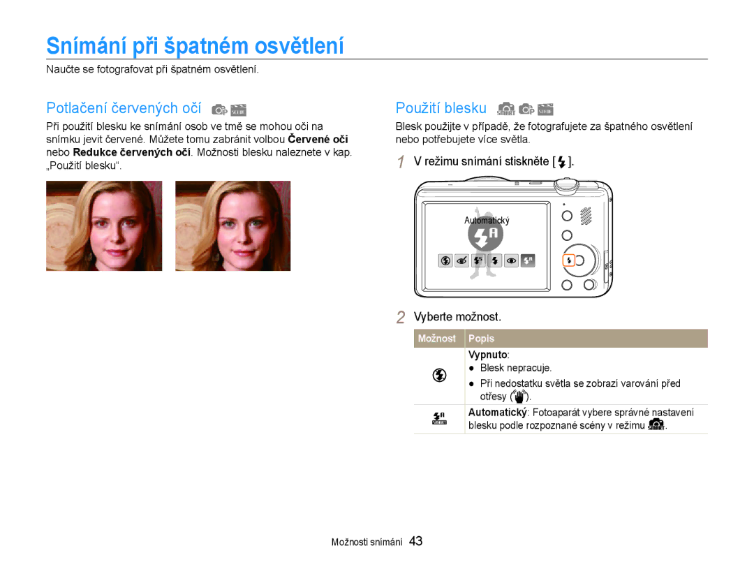 Samsung EC-PL210ZBPBE3, EC-PL210ZBPSE3 Snímání při špatném osvětlení, Potlačení červených očí, Použití blesku, Vypnuto 