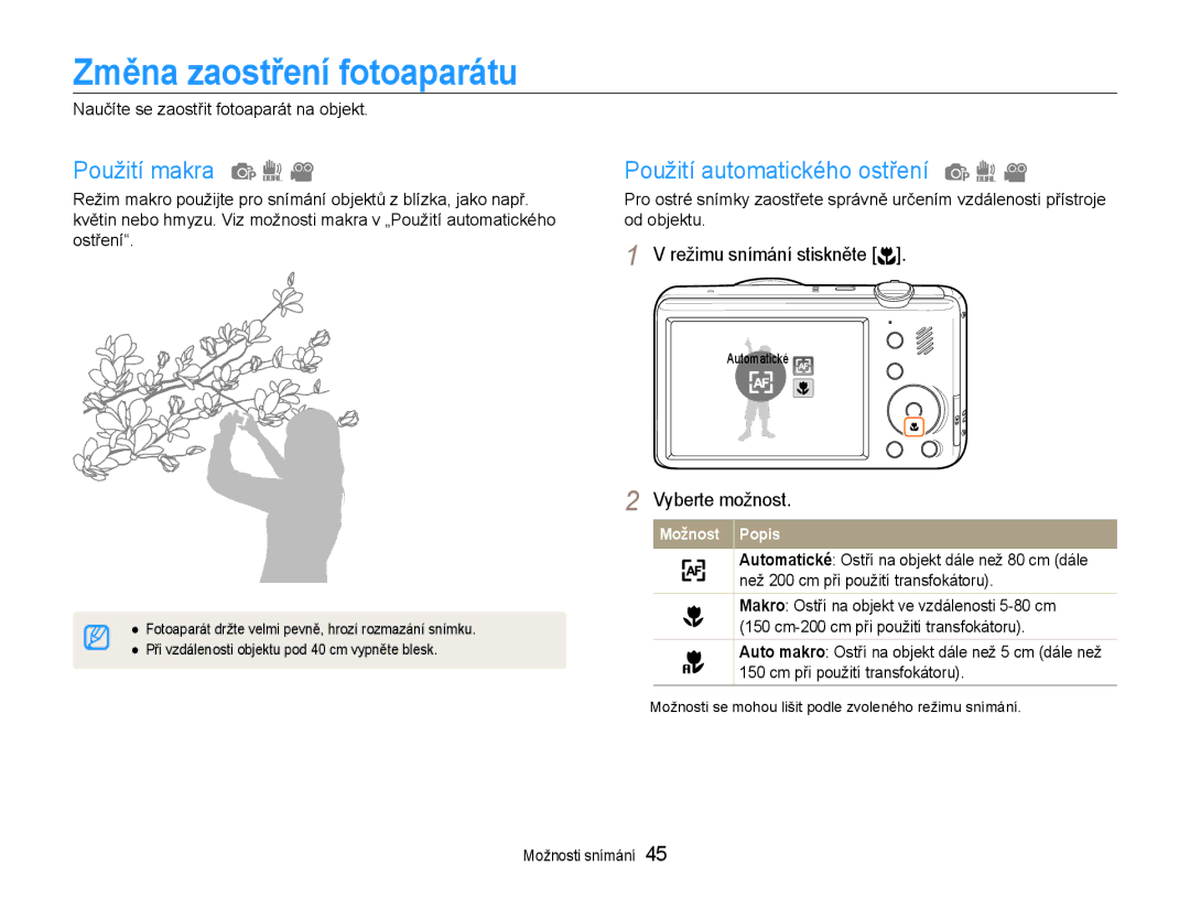 Samsung EC-PL210ZBPBE3, EC-PL210ZBPSE3 manual Změna zaostření fotoaparátu, Použití makra, Použití automatického ostření 