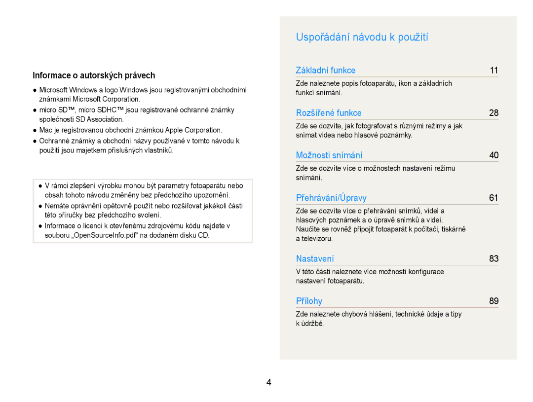 Samsung EC-PL210ZBPSE3, EC-PL210ZBPBE3 manual Uspořádání návodu k použití, Informace o autorských právech 