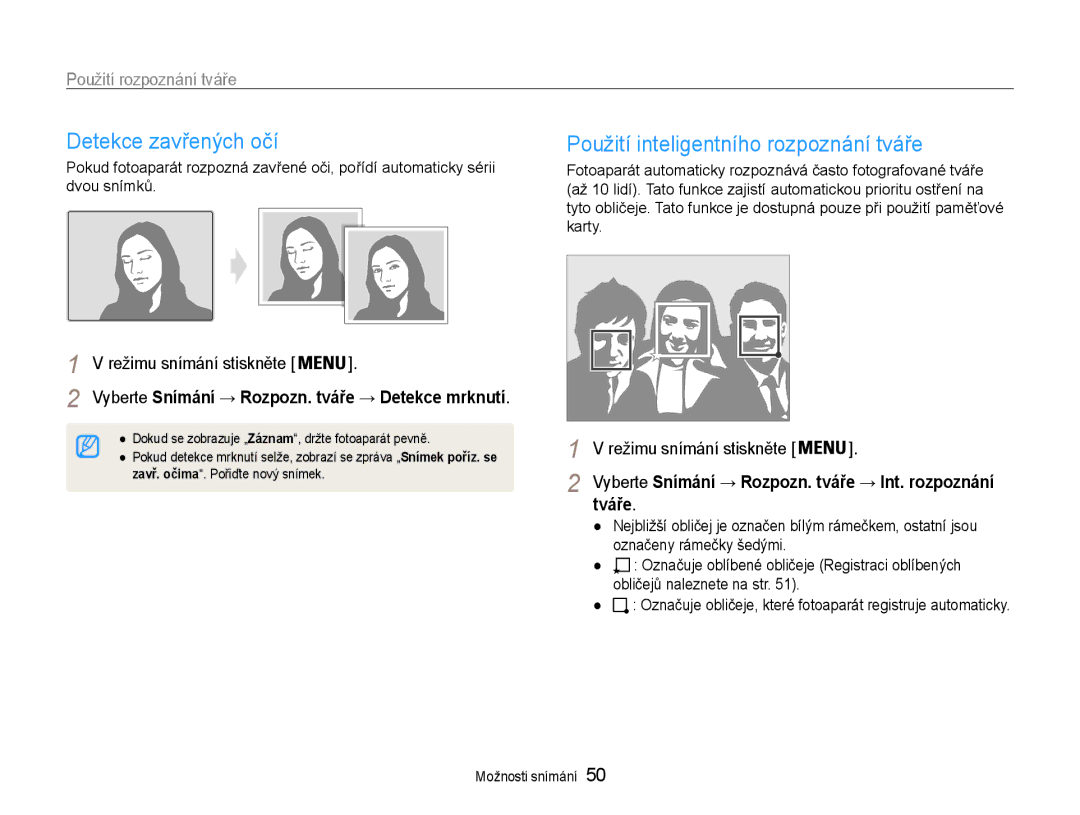 Samsung EC-PL210ZBPSE3, EC-PL210ZBPBE3 manual Detekce zavřených očí, Použití inteligentního rozpoznání tváře, Tváře 