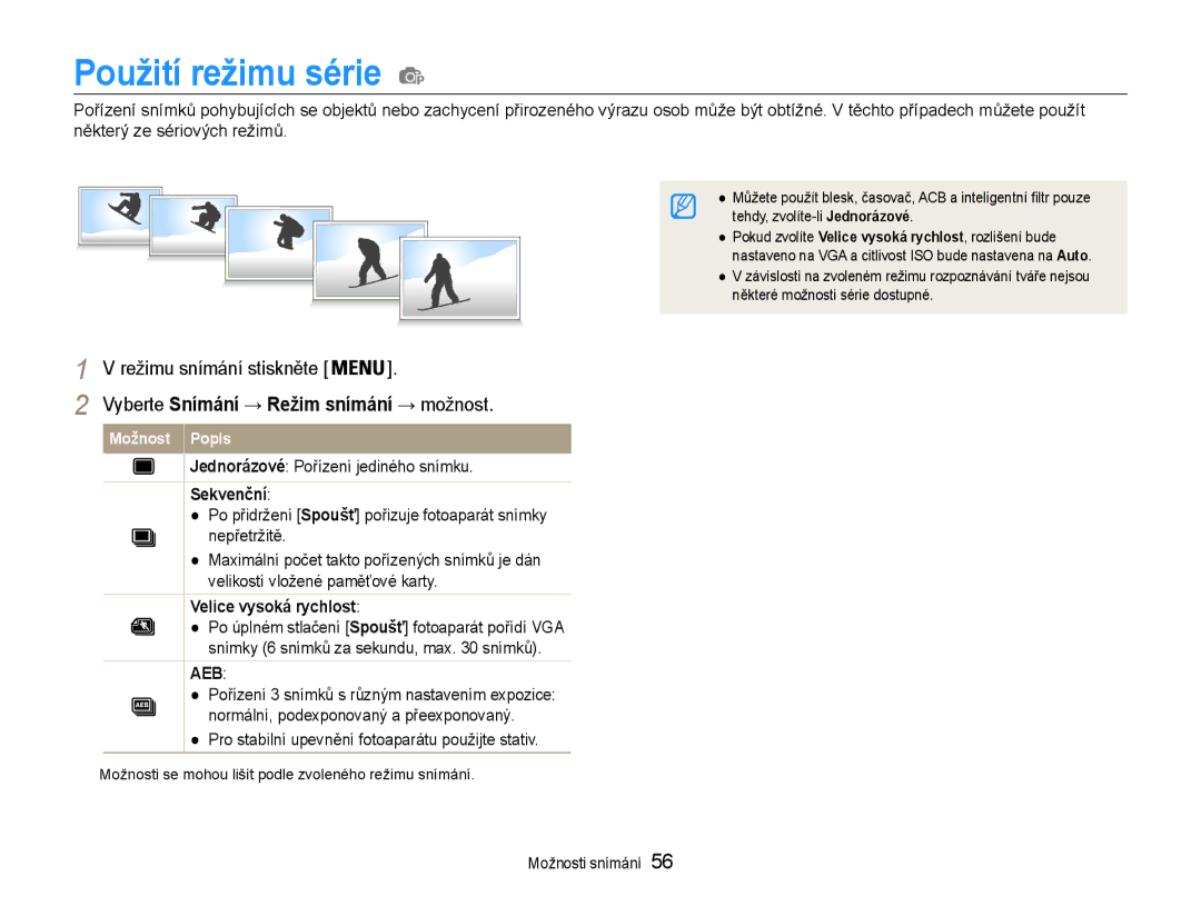 Samsung EC-PL210ZBPSE3 manual Použití režimu série, Jednorázové Pořízení jediného snímku, Sekvenční, Velice vysoká rychlost 