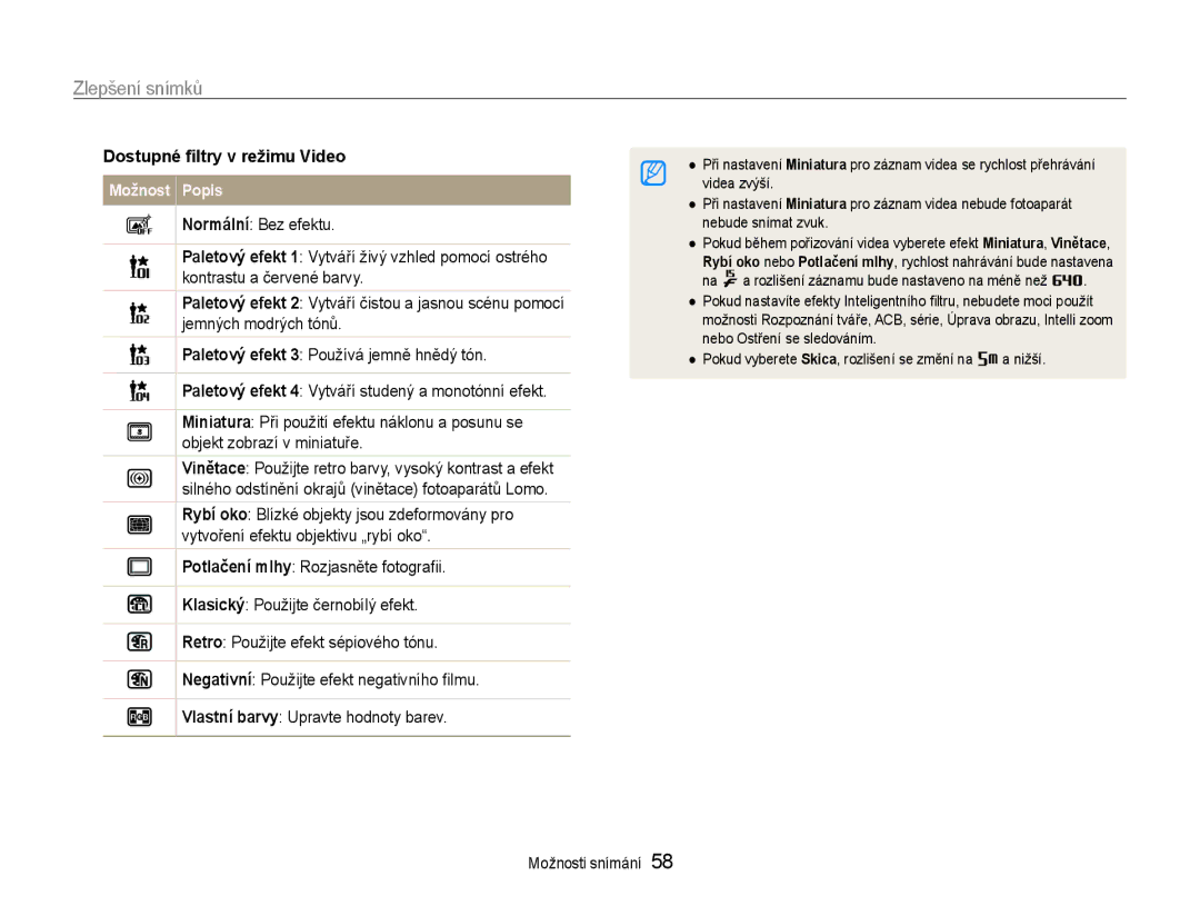 Samsung EC-PL210ZBPSE3, EC-PL210ZBPBE3 manual Zlepšení snímků, Dostupné filtry v režimu Video 
