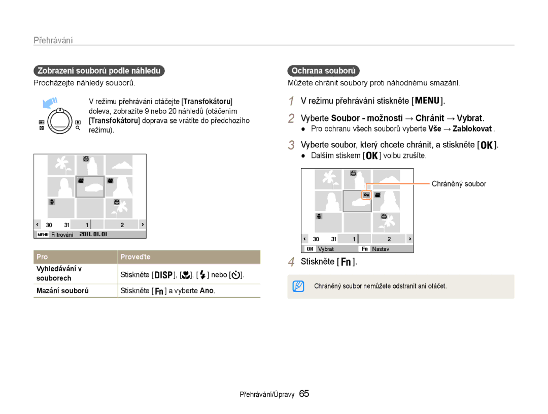 Samsung EC-PL210ZBPBE3 manual Zobrazení souborů podle náhledu, Stiskněte Nebo, Stiskněte a vyberte Ano, Ochrana souborů 