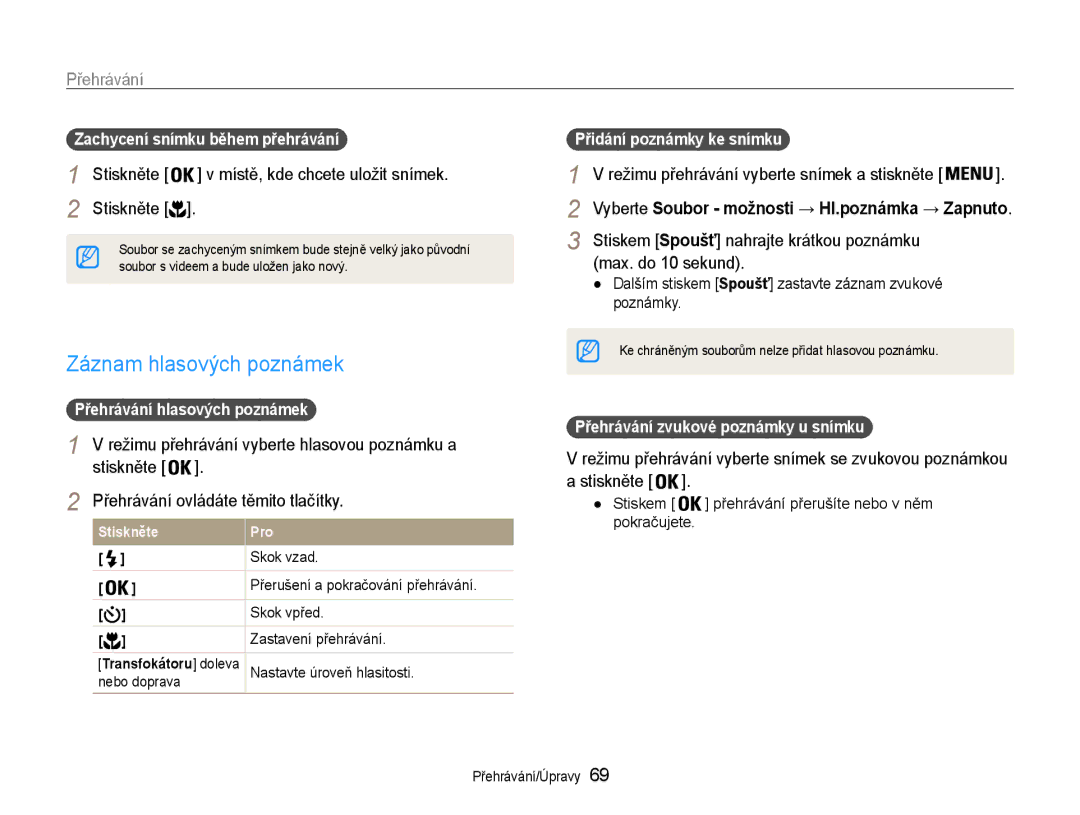 Samsung EC-PL210ZBPBE3 manual Záznam hlasových poznámek, Stiskem Spoušť nahrajte krátkou poznámku Max. do 10 sekund 