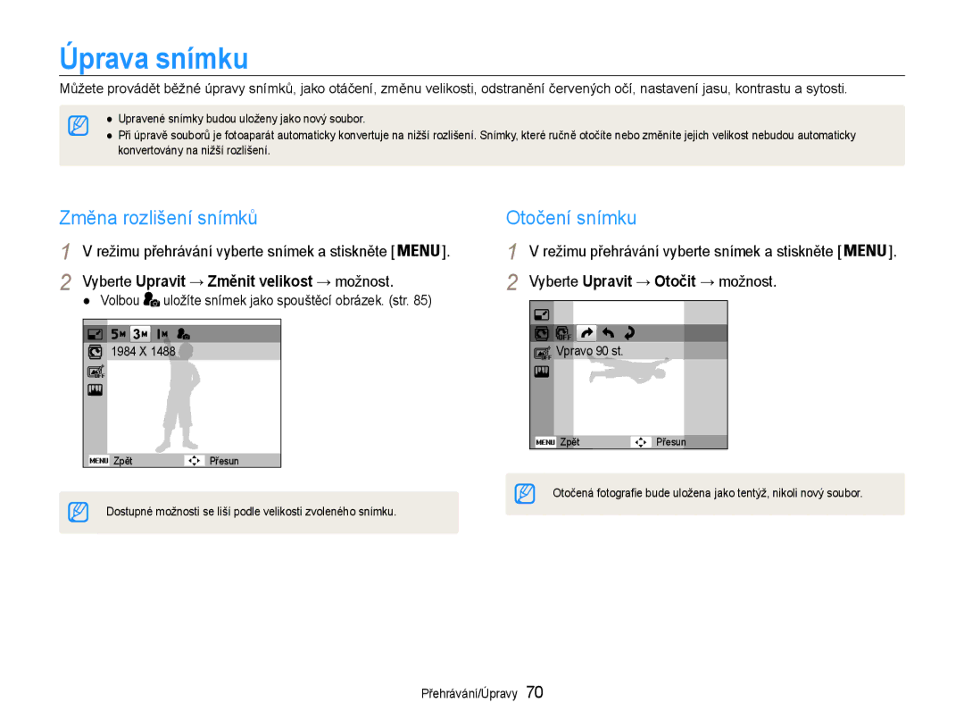 Samsung EC-PL210ZBPSE3, EC-PL210ZBPBE3 manual Úprava snímku, Změna rozlišení snímků, Otočení snímku, Volbou 