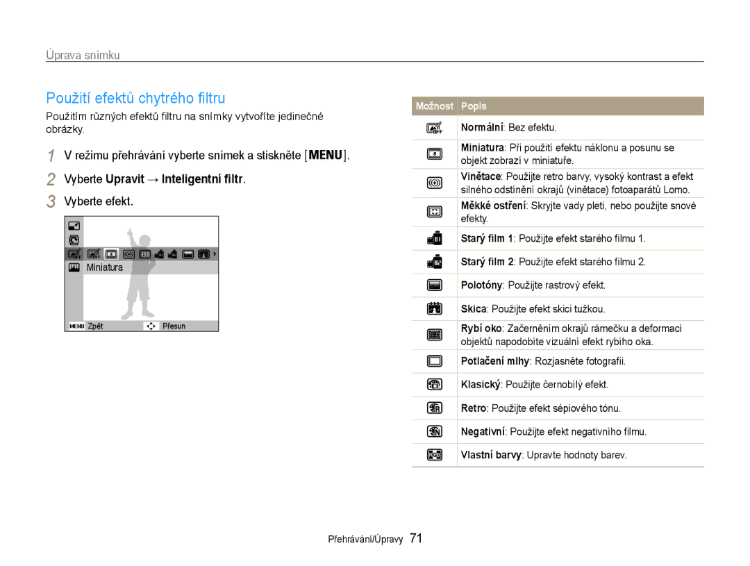 Samsung EC-PL210ZBPBE3, EC-PL210ZBPSE3 manual Použití efektů chytrého filtru, Vyberte Upravit → Inteligentní filtr 