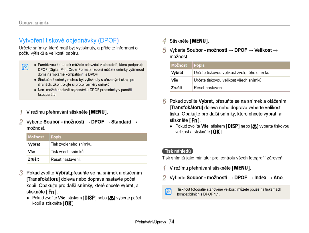 Samsung EC-PL210ZBPSE3 Vytvoření tiskové objednávky Dpof, Vyberte Soubor možnosti → Dpof → Velikost →, Tisk všech snímků 