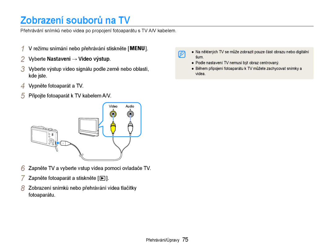 Samsung EC-PL210ZBPBE3, EC-PL210ZBPSE3 manual Zobrazení souborů na TV, Vyberte Nastavení → Video výstup 