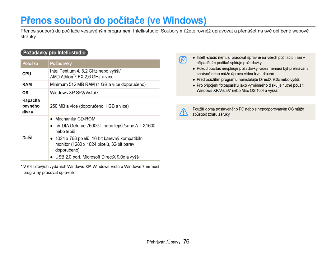 Samsung EC-PL210ZBPSE3, EC-PL210ZBPBE3 manual Přenos souborů do počítače ve Windows, Požadavky pro Intelli-studio 