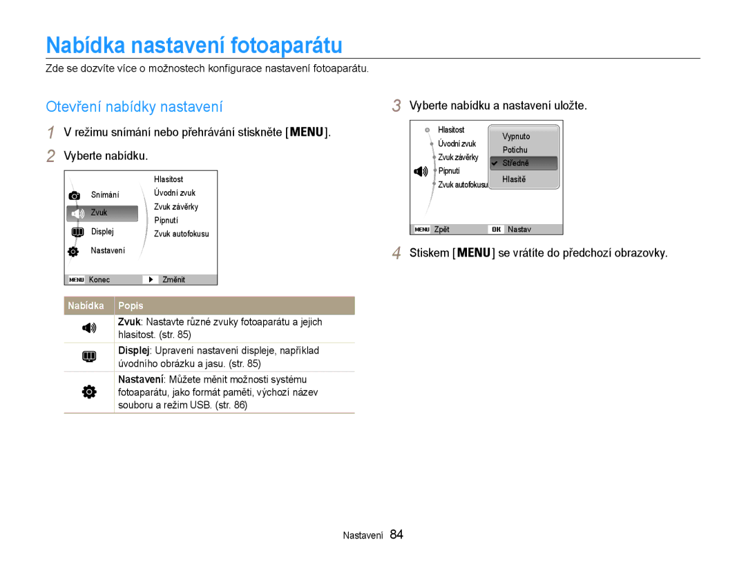 Samsung EC-PL210ZBPSE3 manual Nabídka nastavení fotoaparátu, Otevření nabídky nastavení, Vyberte nabídku a nastavení uložte 