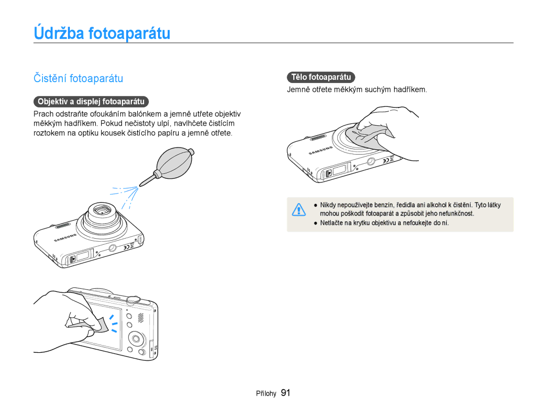 Samsung EC-PL210ZBPBE3 manual Údržba fotoaparátu, Čistění fotoaparátu, Objektiv a displej fotoaparátu, Tělo fotoaparátu 