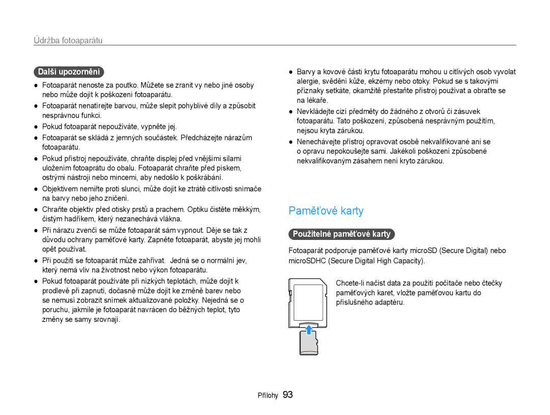 Samsung EC-PL210ZBPBE3, EC-PL210ZBPSE3 manual Paměťové karty, Další upozornění, Použitelné paměťové karty 