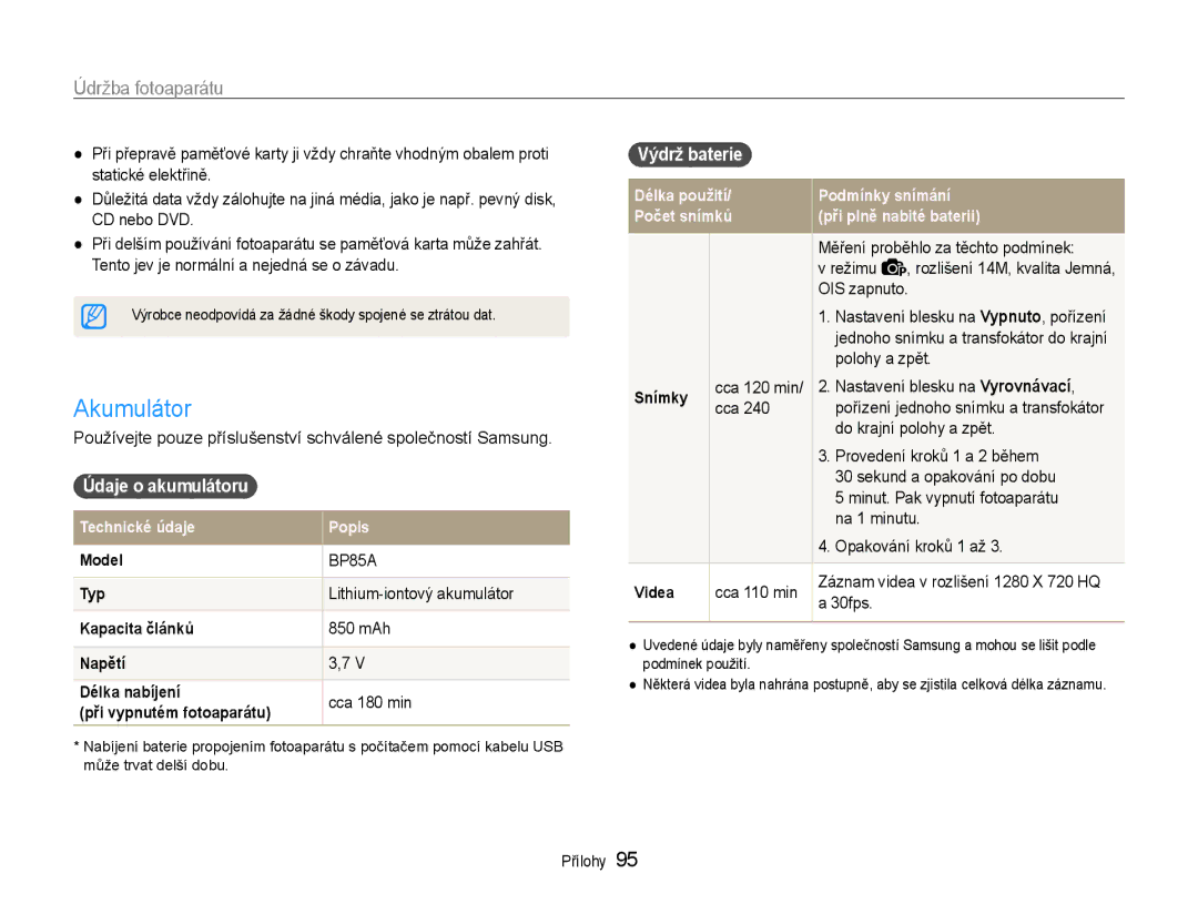 Samsung EC-PL210ZBPBE3, EC-PL210ZBPSE3 manual Akumulátor, Výdrž baterie, Údaje o akumulátoru 