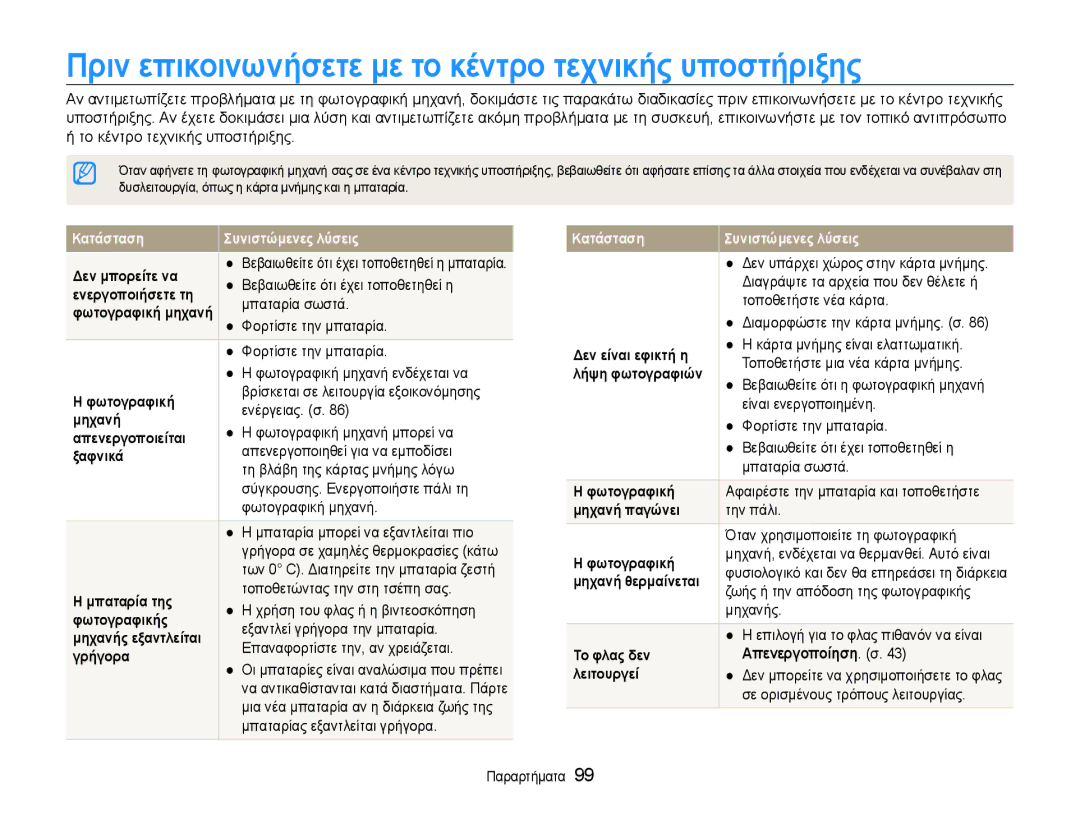 Samsung EC-PL210ZBPBE3, EC-PL210ZBPSE3 manual Πριν επικοινωνήσετε με το κέντρο τεχνικής υποστήριξης, Απενεργοποίηση. σ 