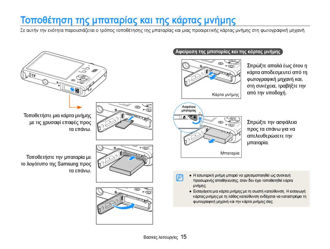 Samsung EC-PL210ZBPBE3 manual Τοποθέτηση της μπαταρίας και της κάρτας μνήμης, Αφαίρεση της μπαταρίας και της κάρτας μνήμης 