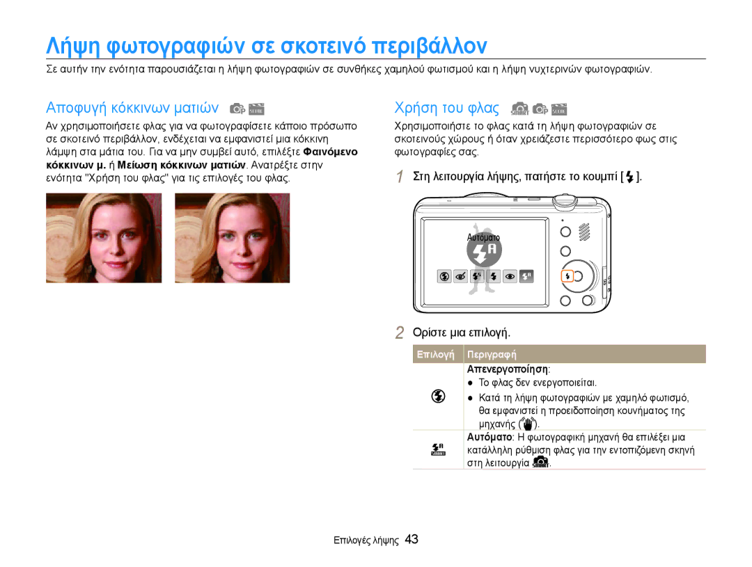 Samsung EC-PL210ZBPBE3 Λήψη φωτογραφιών σε σκοτεινό περιβάλλον, Αποφυγή κόκκινων ματιών, Χρήση του φλας, Απενεργοποίηση 