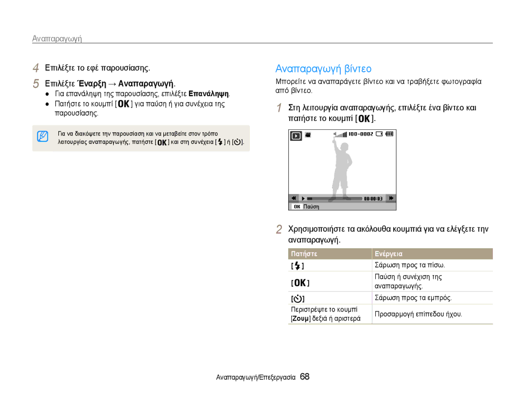 Samsung EC-PL210ZBPSE3, EC-PL210ZBPBE3 manual Αναπαραγωγή βίντεο, Επιλέξτε το εφέ παρουσίασης, Επιλέξτε Έναρξη → Αναπαραγωγή 