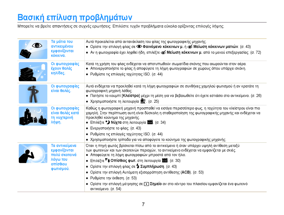 Samsung EC-PL210ZBPBE3 manual Βασική επίλυση προβλημάτων, Μείωση κόκκινων ματιών. σ, Φωτογραφική μηχανή λάθος, Επιλέξτε 