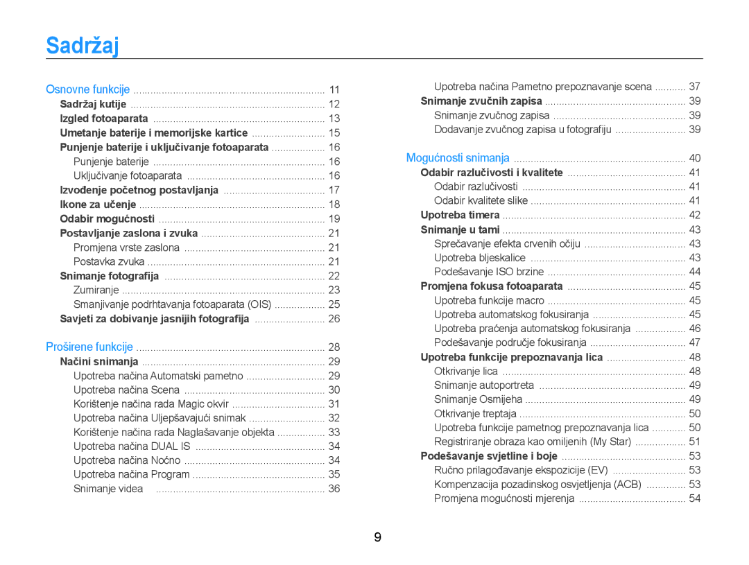 Samsung EC-PL210ZBPBE3 manual Sadržaj, Savjeti za dobivanje jasnijih fotografija 