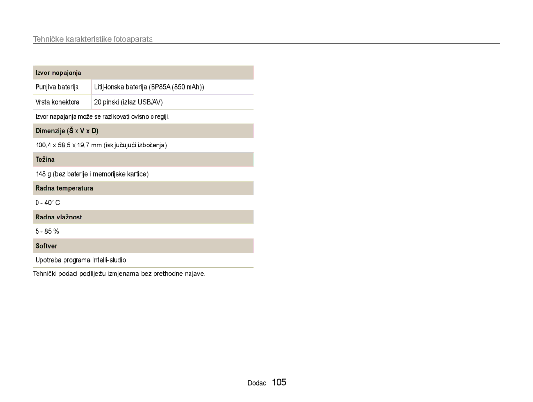 Samsung EC-PL210ZBPBE3 manual Izvor napajanja, Dimenzije Š x V x D, Težina, Radna temperatura, Radna vlažnost 