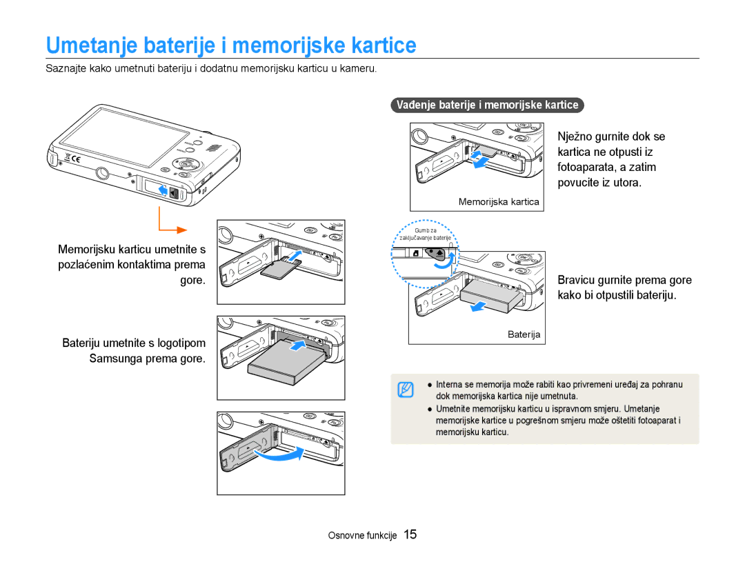 Samsung EC-PL210ZBPBE3 manual Umetanje baterije i memorijske kartice, Vađenje baterije i memorijske kartice 