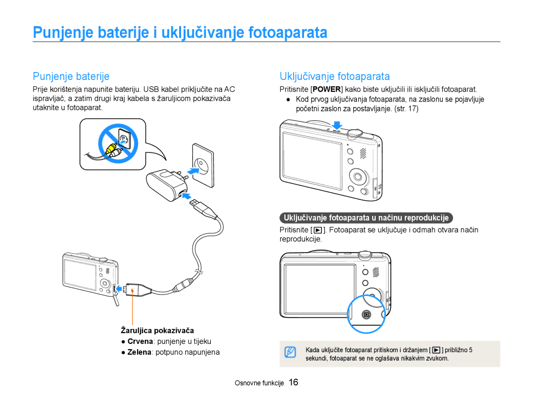 Samsung EC-PL210ZBPBE3 manual Punjenje baterije i uključivanje fotoaparata, Uključivanje fotoaparata, Žaruljica pokazivača 