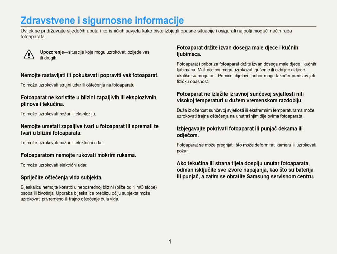 Samsung EC-PL210ZBPBE3 Zdravstvene i sigurnosne informacije, Nemojte rastavljati ili pokušavati popraviti vaš fotoaparat 