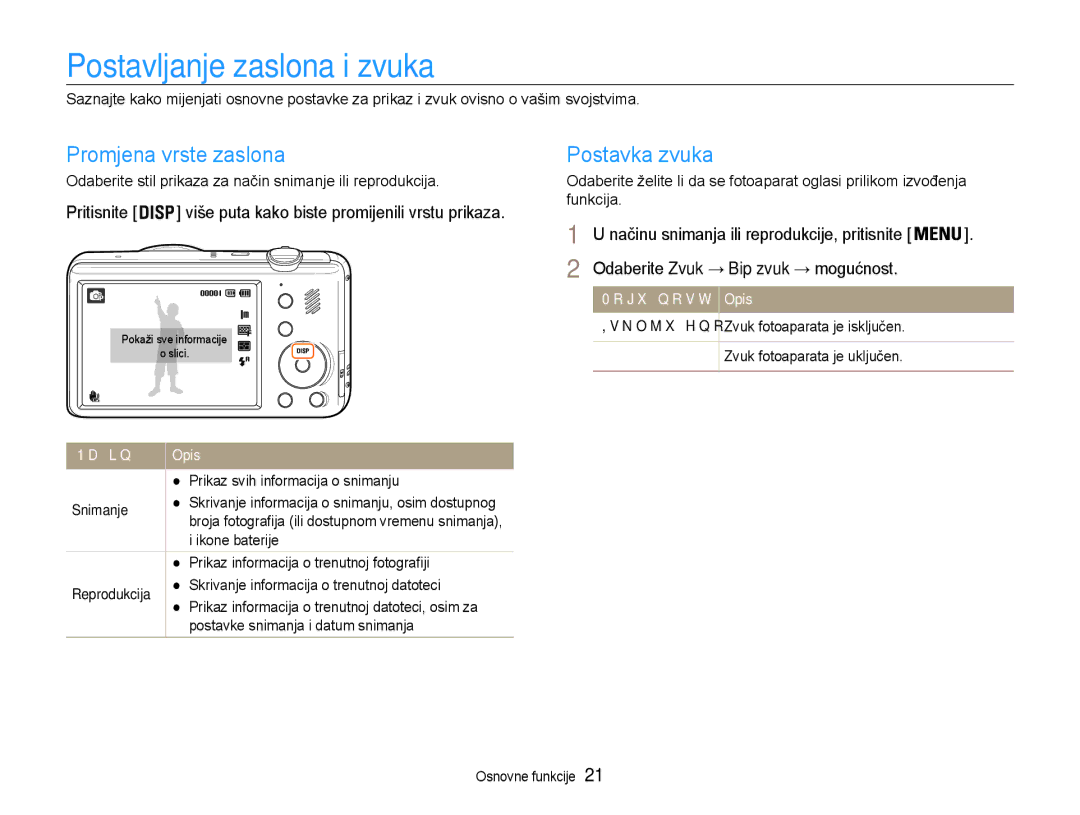 Samsung EC-PL210ZBPBE3 manual Postavljanje zaslona i zvuka, Promjena vrste zaslona, Postavka zvuka 