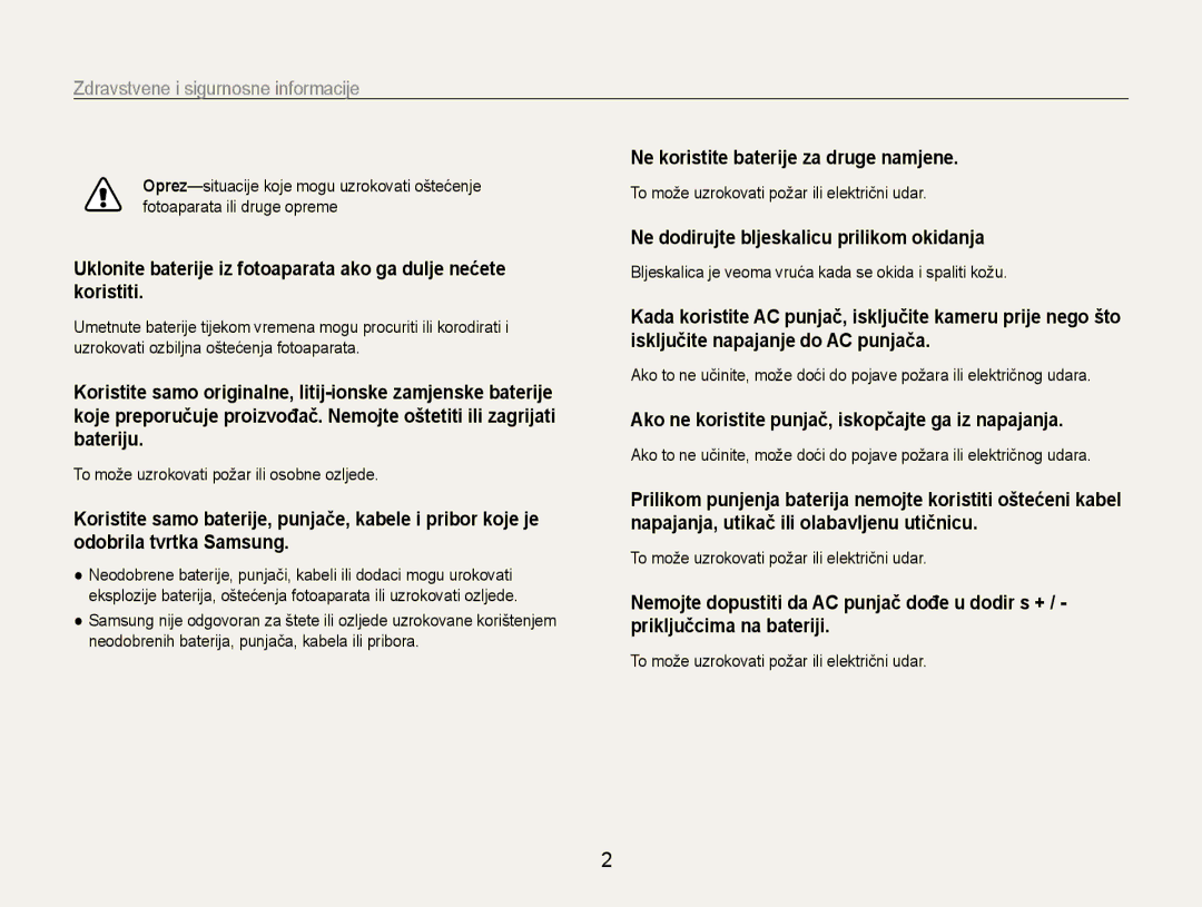 Samsung EC-PL210ZBPBE3 manual Zdravstvene﻿ i sigurnosne informacije, Ne koristite baterije za druge namjene 