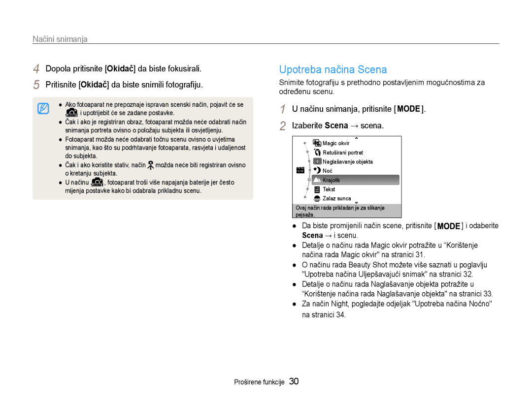 Samsung EC-PL210ZBPBE3 manual Upotreba načina Scena, Načini snimanja, Načinu snimanja, pritisnite Izaberite Scena → scena 