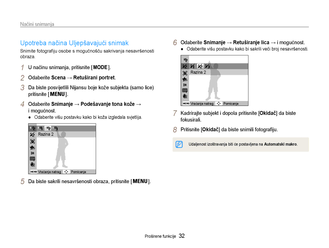 Samsung EC-PL210ZBPBE3 manual Upotreba načina Uljepšavajući snimak, Odaberite Scena → Retuširani portret, Mogućnost 