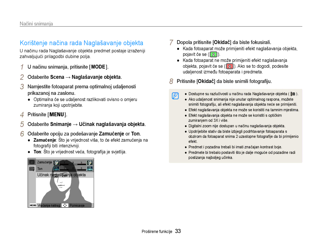 Samsung EC-PL210ZBPBE3 manual Korištenje načina rada Naglašavanje objekta, Odaberite Scena → Naglašavanje objekta 