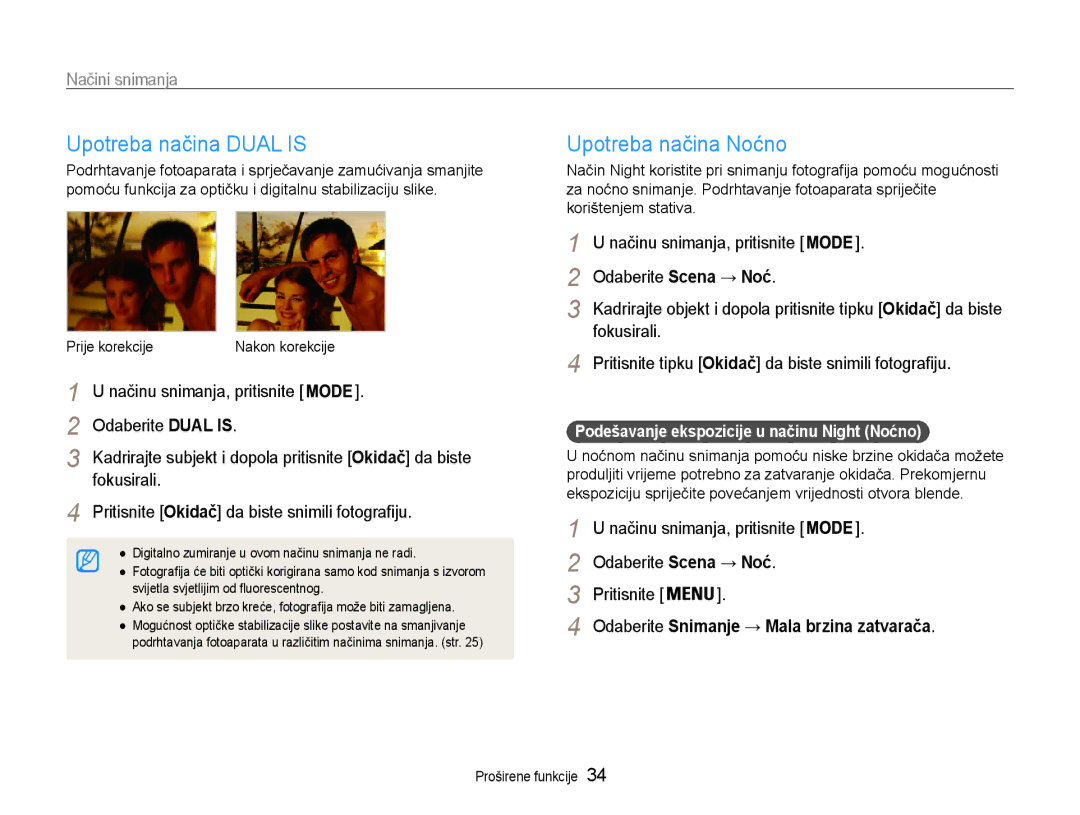 Samsung EC-PL210ZBPBE3 manual Upotreba načina Dual is, Upotreba načina Noćno, Načinu snimanja, pritisnite Odaberite Dual is 