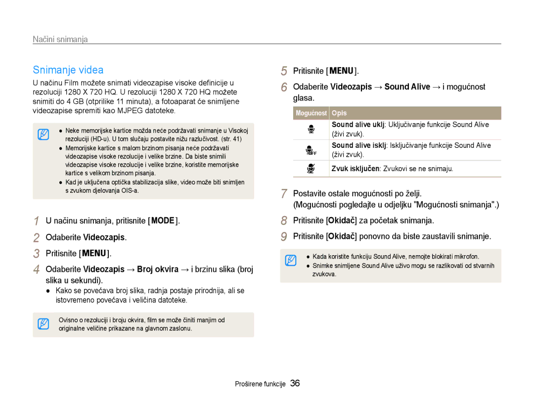 Samsung EC-PL210ZBPBE3 manual Snimanje videa, Načinu snimanja, pritisnite Odaberite Videozapis Pritisnite, Glasa 