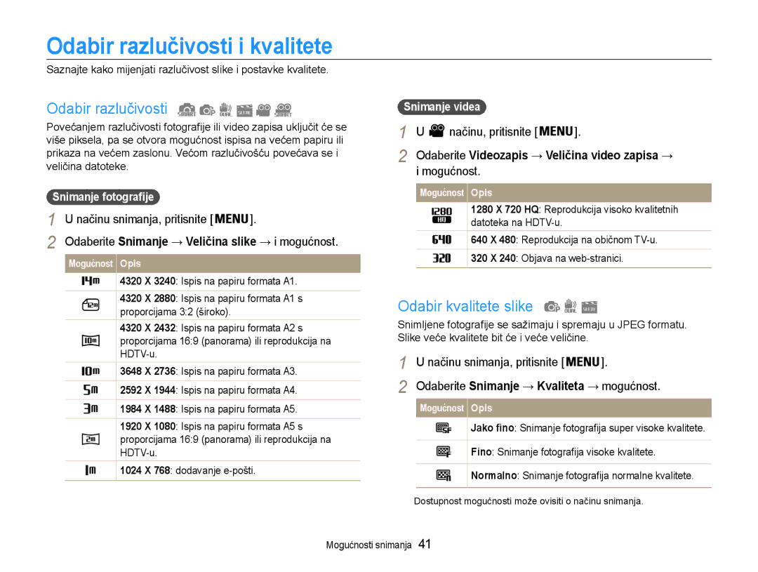 Samsung EC-PL210ZBPBE3 manual Odabir razlučivosti i kvalitete, Odabir kvalitete slike, Načinu, pritisnite 