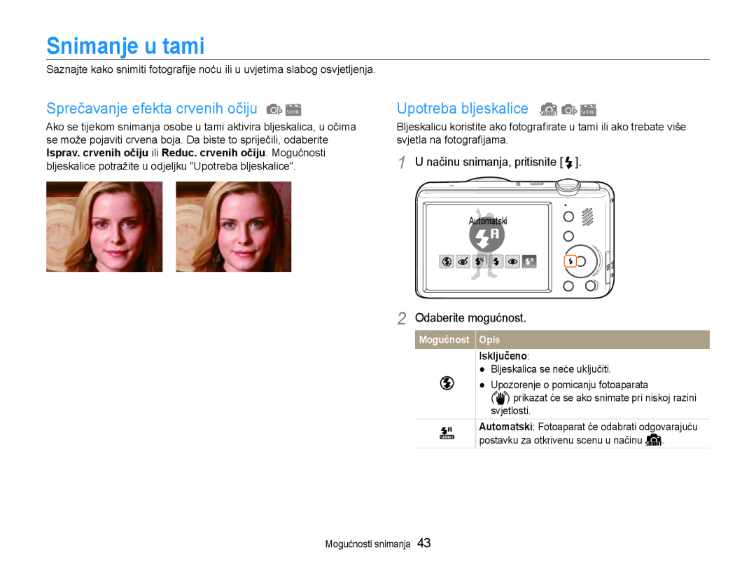 Samsung EC-PL210ZBPBE3 manual Snimanje u tami, Sprečavanje efekta crvenih očiju, Upotreba bljeskalice, Isključeno 