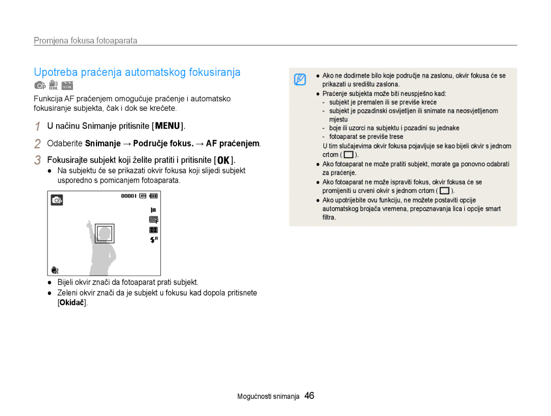 Samsung EC-PL210ZBPBE3 Upotreba praćenja automatskog fokusiranja, Promjena fokusa fotoaparata, Načinu Snimanje pritisnite 