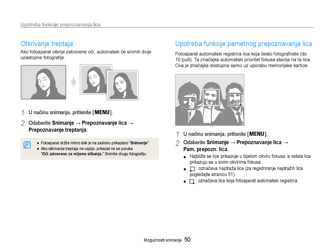 Samsung EC-PL210ZBPBE3 manual Otkrivanje treptaja, Upotreba funkcije pametnog prepoznavanja lica, Prepoznavanje treptanja 